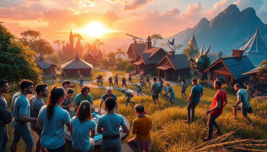 A vibrant gaming community scene set in a lush, fantasy-inspired landscape. In the foreground, a diverse group of players, dressed in colorful casual attire, enthusiastically interact around a digital quest table, sharing strategies and collaborating on missions. In the middle ground, various characters from the MMORPG are engaged in PvE battles, showcasing teamwork against formidable creatures with dynamic animations. The background features a picturesque village, dotted with quaint houses and a glowing, magical skyline under a sunset hue, casting warm golden light. The atmosphere is lively and energetic, capturing the spirit of camaraderie and excitement, with soft focus to emphasize the main group while adding depth to the surrounding environment.