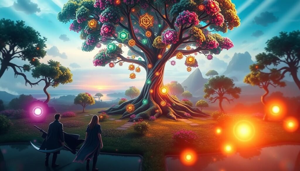A vibrant, imaginative landscape illustrating the concept of growth, featuring a thriving digital forest. In the foreground, various character avatars from an MMO game progress through different skill trees, represented as glowing, branching paths of light. In the middle ground, a majestic tree symbolizing potential stands tall, its leaves shimmering in diverse colors, resembling upgrades and abilities. The background is a soft-focus panorama of a mystical realm filled with floating islands and distant mountains, casting a sense of adventure. The lighting is ethereal, with shafts of sunlight breaking through the canopy, creating a warm and inspiring atmosphere. A slightly elevated angle captures the sprawling complexity of this environment, emphasizing the abundance of choices and paths in character development. A vibrant, imaginative landscape illustrating the concept of growth, featuring a thriving digital forest. In the foreground, various character avatars from an MMO game progress through different skill trees, represented as glowing, branching paths of light. In the middle ground, a majestic tree symbolizing potential stands tall, its leaves shimmering in diverse colors, resembling upgrades and abilities. The background is a soft-focus panorama of a mystical realm filled with floating islands and distant mountains, casting a sense of adventure. The lighting is ethereal, with shafts of sunlight breaking through the canopy, creating a warm and inspiring atmosphere. A slightly elevated angle captures the sprawling complexity of this environment, emphasizing the abundance of choices and paths in character development.