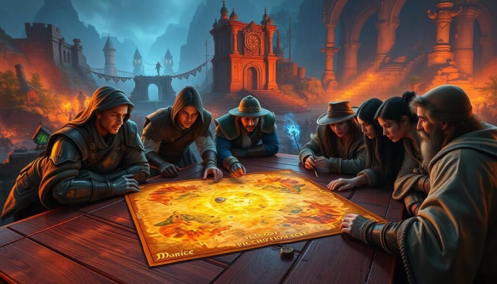 A vibrant, immersive scene from a Dungeons & Dragons Online adventure. In the foreground, a diverse group of adventurers, dressed in medieval fantasy attire, intensely strategizes around a glowing magical map spread on a wooden tabletop. Their expressions reflect determination and excitement, with hints of camaraderie. In the middle ground, various character classes—like a valiant knight, a wise wizard, and a nimble rogue—interact with their unique skills and tools, showcasing the essence of character builds. The background features a richly detailed fantasy landscape, filled with ancient ruins and mystical forests, bathed in warm, ethereal lighting. The overall mood is one of adventure and fantasy, inviting viewers into the dynamic world of role-playing games. The angle captures both the characters’ engagement and the enchanting scenery, enhancing the sense of exploration.