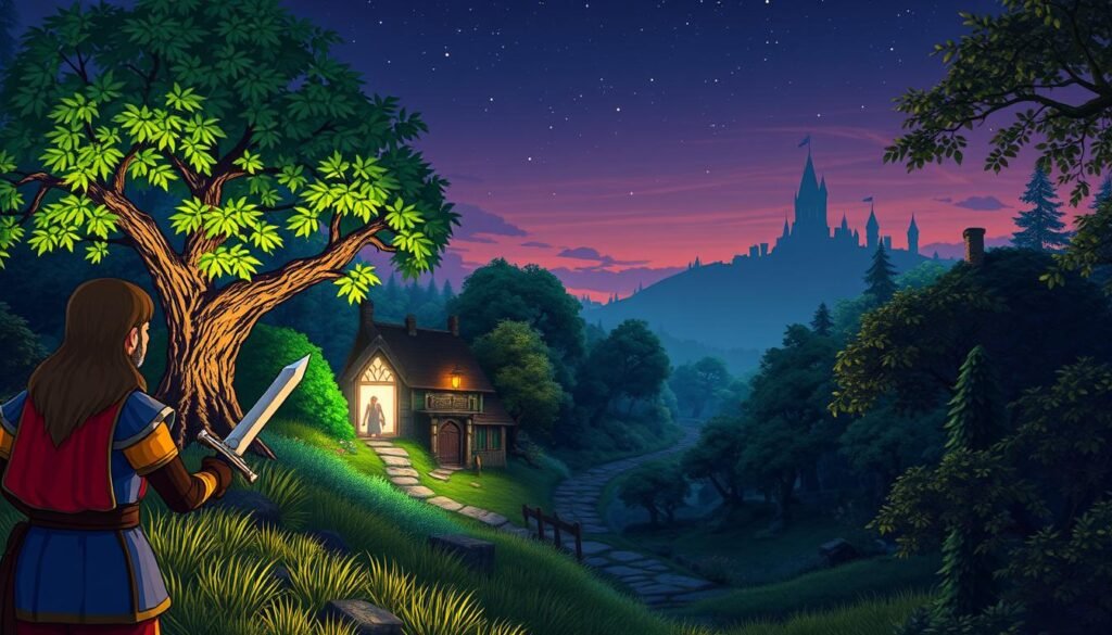 A vibrant, nostalgic scene of an Oldschool Runescape gameplay, featuring a pixelated character questing in a lush, medieval forest. In the foreground, a colorful character wearing classic in-game armor is holding a sword, looking at a mystical glowing portal. In the middle ground, a variety of iconic game elements like a tree with luminescent leaves and a winding path leading to a village tavern are visible. The background displays a distant castle silhouetted against a twilight sky, filled with stars. Soft, ambient lighting enhances the retro feel, creating a sense of adventure and nostalgia. The image should convey the magic of retro gaming, inviting viewers into the world of Oldschool Runescape. Include the branding "tylkommo.pl" subtly integrated into the landscape.