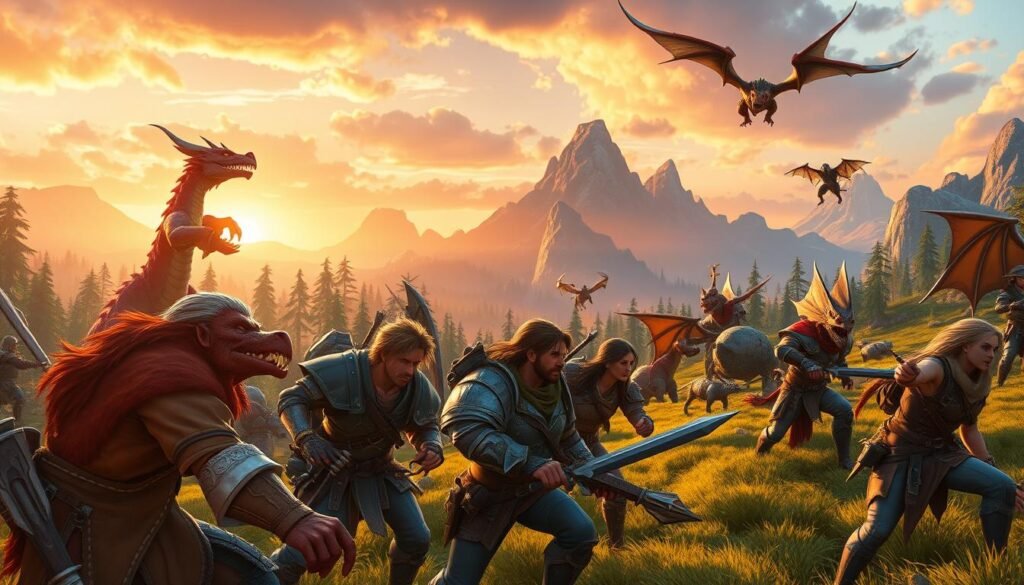 A vibrant open-world fantasy scene depicting intense grinding activities common in MMO games. In the foreground, a diverse group of adventurers, clad in colorful, practical armor, engaged in combat with mythical creatures like dragons and trolls. Their expressions show determination and focus. In the middle ground, lush forests and dynamic landscapes filled with quests, rich resources, and hidden treasures, reflecting the thrill of exploration and grinding. The background features towering mountains under a dramatic sunset sky, casting warm hues over the landscape. The atmosphere is energetic and immersive, evoking excitement and a sense of adventure. Use dynamic lighting to highlight the characters and emphasize the action. The image should be suitable for an article by tylkommo.pl, with no text or watermarks included.