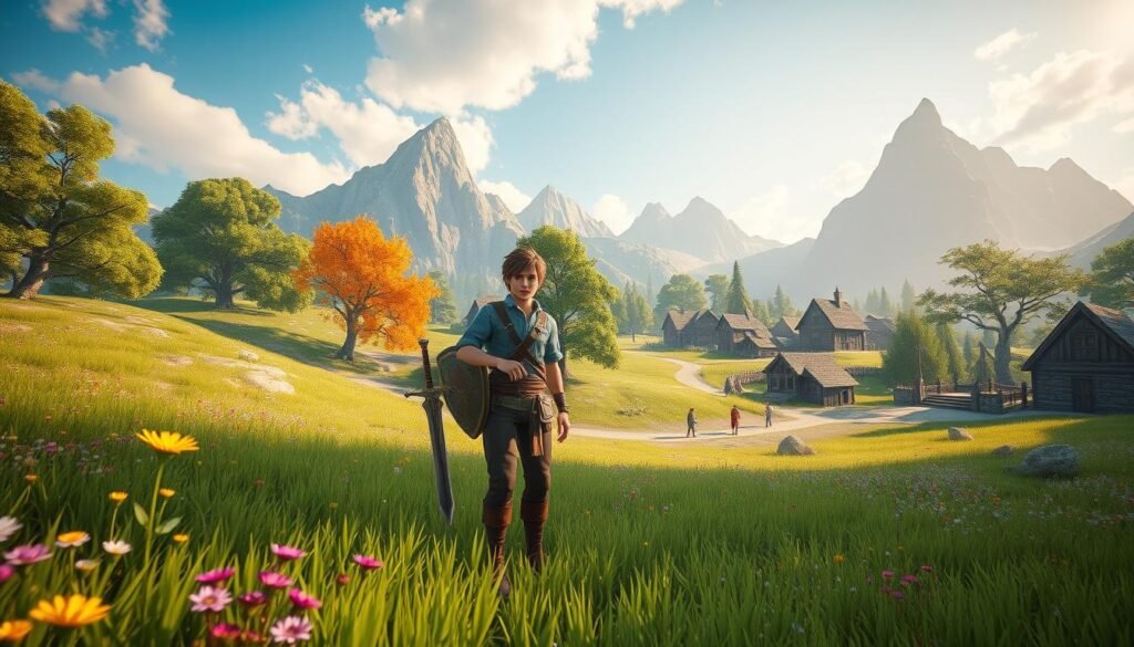 A vibrant open-world landscape inspired by a fantasy MMORPG, depicting a vast green meadow dotted with colorful wildflowers and majestic trees. In the foreground, a character in modest casual clothing stands confidently with a sword and shield, ready for adventure, showcasing beginner-friendly PvE and PvP gear. The middle ground features a winding path that leads to a quaint village with stone cottages, bustling with NPCs engaging in various activities, enriching the setting. The background reveals towering mountains under a clear blue sky with soft, golden sunlight casting gentle shadows, creating a warm and inviting atmosphere. The scene is captured from a low angle, emphasizing the character and the expansive world ahead. The overall mood is one of excitement and adventure, inviting players to explore.