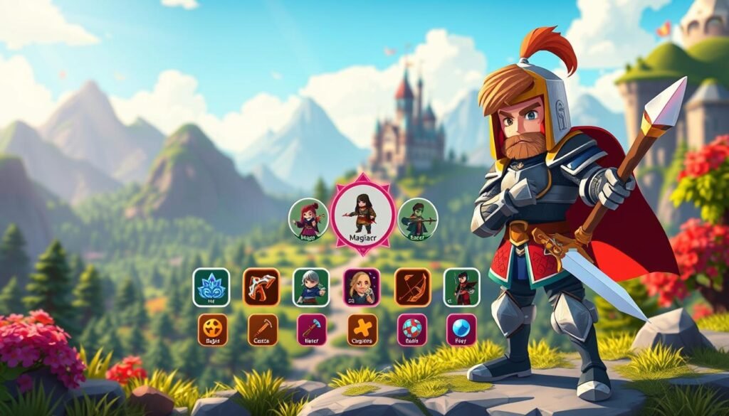 A vibrant, pixel art scene depicting a fantasy RPG character creation interface. In the foreground, a character of a knight stands confidently, dressed in colorful armor and holding a sword, ready for adventure. In the middle ground, a variety of character classes are represented, such as a mage with a staff and an archer with a bow, surrounded by dynamic icons indicating different attributes and abilities. The background features a lush, digital fantasy landscape with mountains, forests, and a mystical castle under a bright blue sky. The scene is illuminated by warm sunlight, enhancing the playful and adventurous atmosphere. Captured with a slightly angled overhead view, emphasizing the interactive nature of the character selection process in a lively MMORPG world.