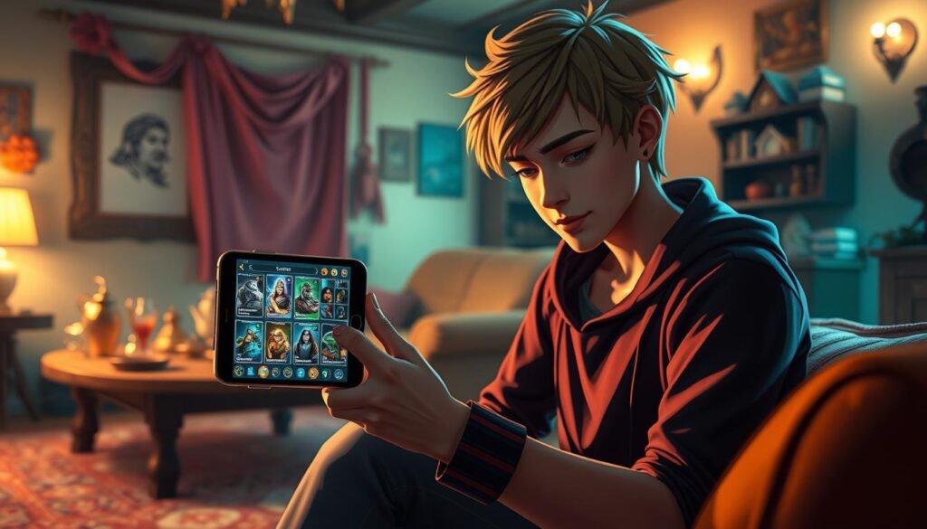A vibrant scene depicting a character engaging with the "Curse of Aros" mobile app on an Android device. In the foreground, a focused young adult with short hair is sitting comfortably, holding the phone with the app screen visible, showcasing a colorful and detailed fantasy interface filled with loot and community features. In the middle ground, there’s an array of magical artifacts and fantasy elements scattered on a wooden table, hinting at an old-school MMO vibe. The background features a warm, inviting room with ambient lighting, creating a cozy atmosphere reminiscent of a gamer's den. The lighting is soft and glowing, highlighting the character's concentration. The mood is engaging and immersive, capturing the essence of an interactive gaming experience. A vibrant scene depicting a character engaging with the "Curse of Aros" mobile app on an Android device. In the foreground, a focused young adult with short hair is sitting comfortably, holding the phone with the app screen visible, showcasing a colorful and detailed fantasy interface filled with loot and community features. In the middle ground, there’s an array of magical artifacts and fantasy elements scattered on a wooden table, hinting at an old-school MMO vibe. The background features a warm, inviting room with ambient lighting, creating a cozy atmosphere reminiscent of a gamer's den. The lighting is soft and glowing, highlighting the character's concentration. The mood is engaging and immersive, capturing the essence of an interactive gaming experience.