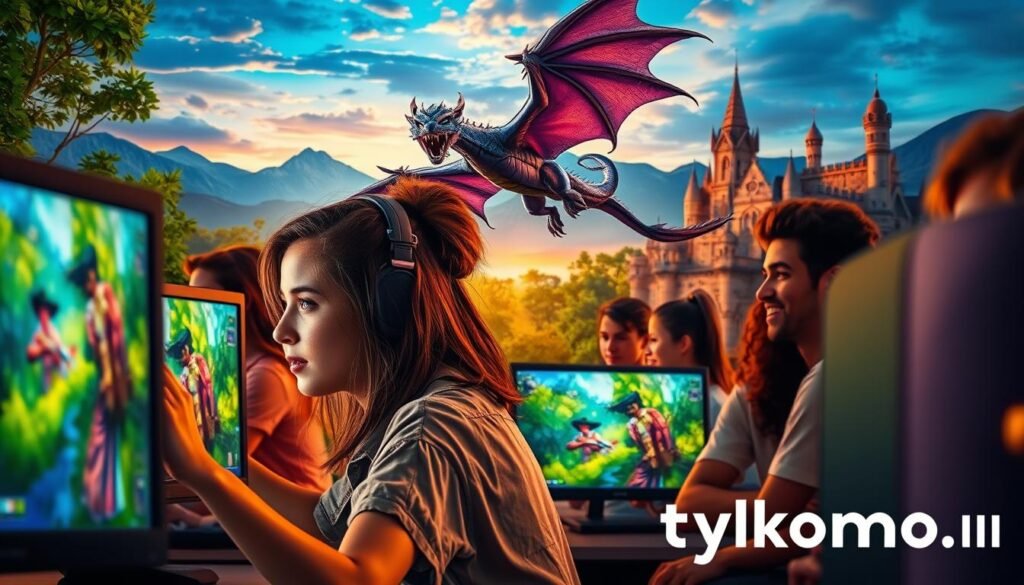 A vibrant scene depicting a diverse group of players engaged in an immersive free-to-play MMORPG experience on their PCs. In the foreground, a young woman in casual attire is focused on her screen, showcasing her excitement as she interacts with her character. In the middle, colorful fantasy elements like a majestic dragon soaring above and lush greenery fill the scene, hinting at a vast open world. The background features distant mountains and a mystical castle, illuminated by warm sunset lighting, creating a sense of adventure and camaraderie. The overall mood is captivating and joyful, emphasizing the thrilling possibilities of MMORPGs. Include the brand "tylkommo.pl" subtly integrated into the scene.