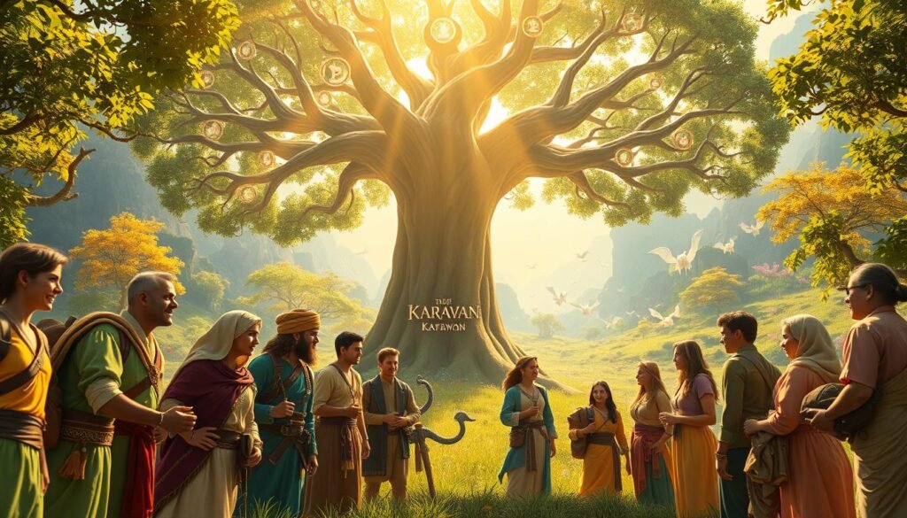 A vibrant scene depicting the concept of "fame" within a fantastical ecosystem inspired by a game's environment. In the foreground, a group of diverse adventurers from different factions, dressed in colorful, modest clothing, interact excitedly, showcasing tokens of fame such as shiny badges or trophies. In the middle, a large, ancient tree adorned with glowing symbols represents the sacred alignment between the Kami and the Karavan, illustrating their contrasting ideals. The background features a sunlit landscape filled with lush greenery and ethereal creatures that embody the spirit of unity and competition. The atmosphere is dynamic, filled with anticipation and wonder, illuminated by golden rays of sunlight, creating a mystical glow that enhances the theme of fame and choices. The composition is captured with a wide-angle lens, showcasing depth and a sense of adventure.
