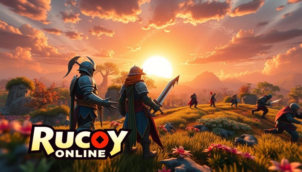 A vibrant scene depicting the various features of "Rucoy Online," showcasing characters engaged in cooperative gameplay. In the foreground, two avatars, a knight and a mage, are strategizing together, clad in colorful armor and mystical robes. In the middle ground, a lush, enchanted forest with diverse flora and monsters enhances the gaming atmosphere, while other players can be seen battling or collaborating. The background features a stunning sunset sky that casts warm, golden light across the landscape, emphasizing the adventurous spirit of the game. The composition utilizes a wide-angle perspective to capture the bustling activity, while soft focus adds a dreamy effect to the distant players. The overall mood is energetic and engaging, inviting viewers into the immersive world of Rucoy Online.