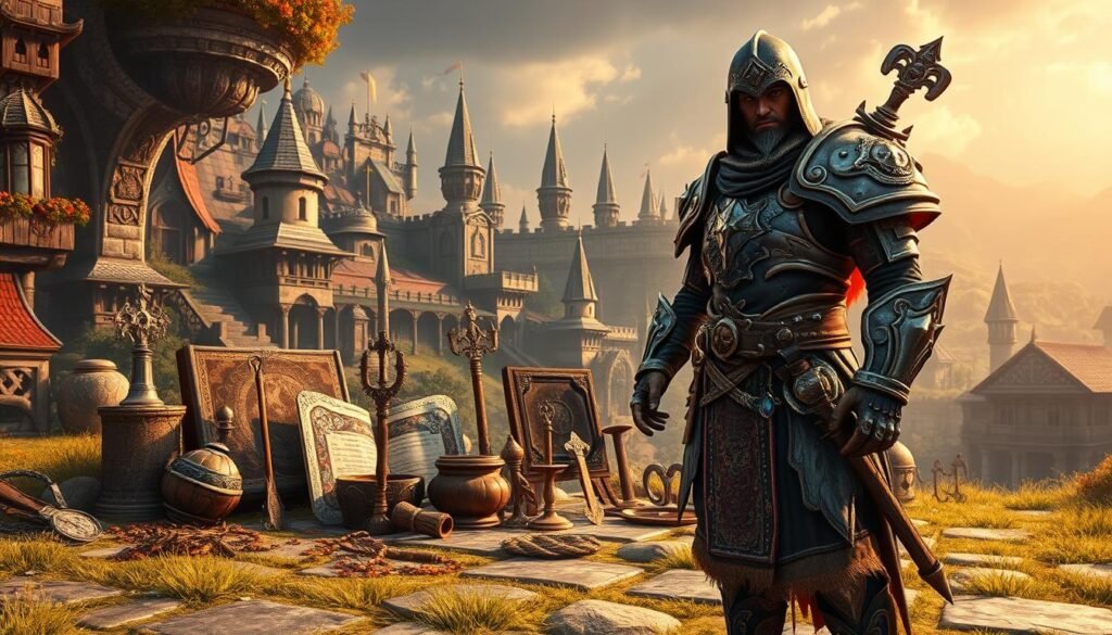 A vibrant scene showcasing classic grind MMORPG artifacts in a modern gaming environment. In the foreground, a highly detailed vintage MMORPG character, dressed in intricately designed armor, stands confidently, showcasing a blend of both old-school and contemporary elements. In the middle ground, various iconic grind-down items and tools are artistically arranged, emphasizing their nostalgic value. The background features an expansive fantasy landscape with a mix of lush environments and medieval structures, bathed in a warm golden light that invokes a sense of adventure. The atmosphere feels nostalgic yet fresh, ideal for captivating gamers. The scene is dynamically framed at a slightly elevated angle, highlighting the character’s posture, while maintaining a clear view of the iconic gaming elements. Ensure this artwork reflects the essence of "tylkommo.pl".