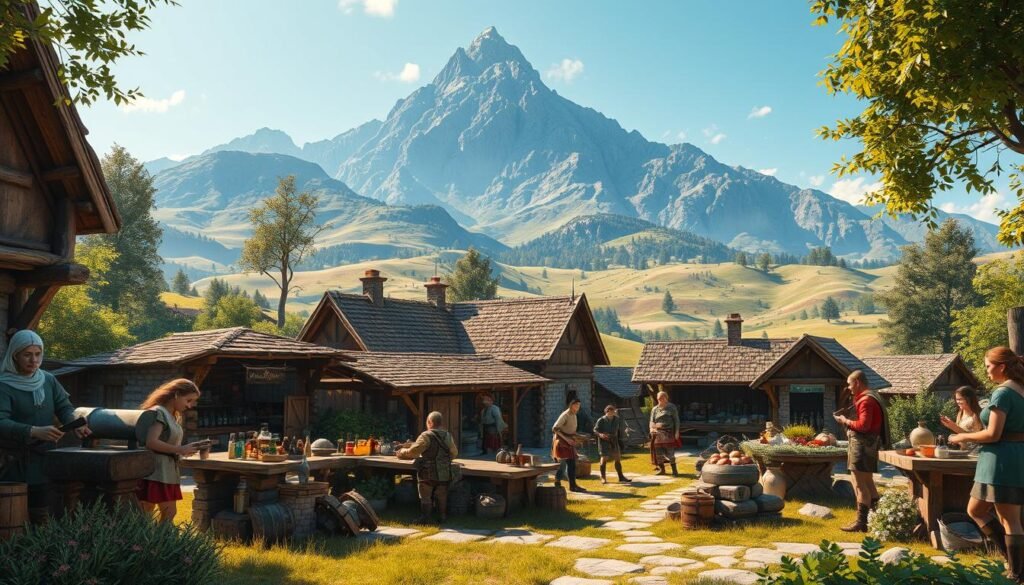 A vibrant village scene depicting the concept of "crafting ekonomia" in a fantasy MMO setting. In the foreground, a diverse group of villagers, dressed in modest medieval-inspired attire, are actively engaged in crafting items: one is hammering metal at a forge, another is mixing potions at a rustic alchemist's table, while a third gathers resources from a bountiful herb garden. The middle ground features wooden crafting stations and a marketplace bustling with NPCs, showcasing various crafted goods. In the background, a lush landscape with rolling hills and a majestic mountain range under a clear blue sky creates a serene atmosphere. The scene is well-lit, with sunlight filtering through the trees, casting soft shadows to emphasize the industrious yet friendly mood of village life. A vibrant village scene depicting the concept of "crafting ekonomia" in a fantasy MMO setting. In the foreground, a diverse group of villagers, dressed in modest medieval-inspired attire, are actively engaged in crafting items: one is hammering metal at a forge, another is mixing potions at a rustic alchemist's table, while a third gathers resources from a bountiful herb garden. The middle ground features wooden crafting stations and a marketplace bustling with NPCs, showcasing various crafted goods. In the background, a lush landscape with rolling hills and a majestic mountain range under a clear blue sky creates a serene atmosphere. The scene is well-lit, with sunlight filtering through the trees, casting soft shadows to emphasize the industrious yet friendly mood of village life.