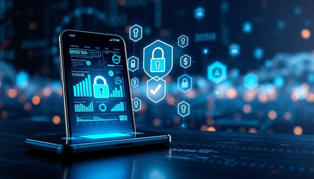 A visually captivating digital illustration representing the concept of "information" with a modern twist. In the foreground, display a sleek smartphone with the screen showing graphical data, charts, and privacy icons illuminated in vibrant blues and greens. The middle ground should feature floating, translucent icons symbolizing data security, privacy shields, and user permissions, creating a sense of depth and complexity. The background should be a blurred digital landscape with binary code and abstract patterns that suggest connectivity and the vastness of online information. Utilize soft, ethereal lighting to evoke a sense of intrigue and modernity, captured with a wide-angle perspective to emphasize the concept’s expansiveness. The overall mood should be dynamic yet sophisticated, reflecting the importance of data security and privacy in today’s digital age.