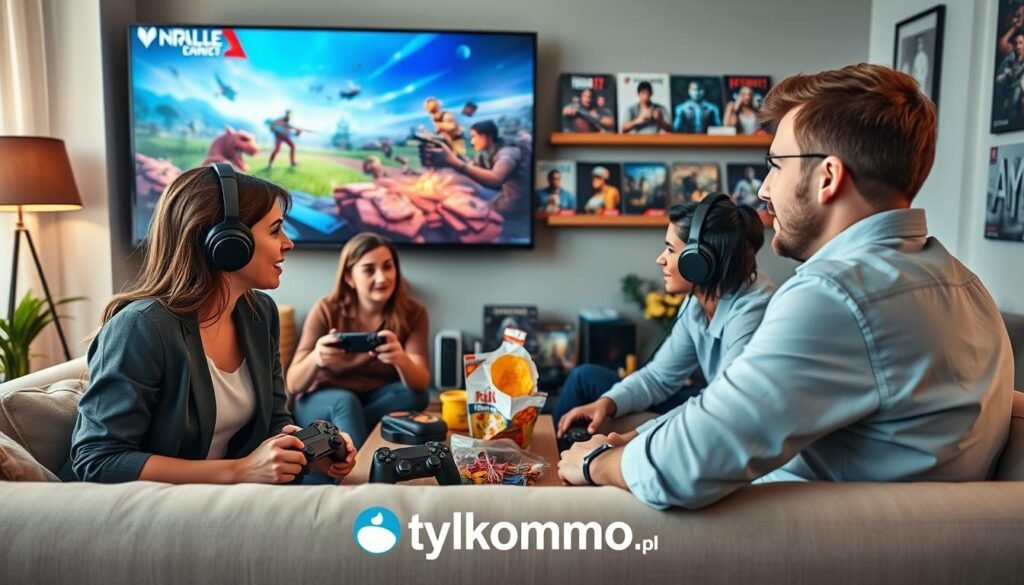 A visually engaging concept showcasing "Choosing the Right Game Title Based on Your Preferences." In the foreground, a diverse group of gamers, including a woman and a man, are seated in a cozy living room, intently focused on a large screen displaying vibrant game art. They are dressed in casual yet professional attire, with expressions of excitement and engagement. In the middle, various gaming peripherals like controllers, headsets, and snacks are artfully arranged, symbolizing a rich gaming experience. The background features a shelf filled with various video game boxes and posters, enhancing the gaming atmosphere. Soft, warm lighting sets a welcoming mood, while the camera angle captures an inviting view, creating a sense of immersion. Incorporate subtle branding elements of "tylkommo.pl" throughout the gaming setup. A visually engaging concept showcasing "Choosing the Right Game Title Based on Your Preferences." In the foreground, a diverse group of gamers, including a woman and a man, are seated in a cozy living room, intently focused on a large screen displaying vibrant game art. They are dressed in casual yet professional attire, with expressions of excitement and engagement. In the middle, various gaming peripherals like controllers, headsets, and snacks are artfully arranged, symbolizing a rich gaming experience. The background features a shelf filled with various video game boxes and posters, enhancing the gaming atmosphere. Soft, warm lighting sets a welcoming mood, while the camera angle captures an inviting view, creating a sense of immersion. Incorporate subtle branding elements of "tylkommo.pl" throughout the gaming setup.