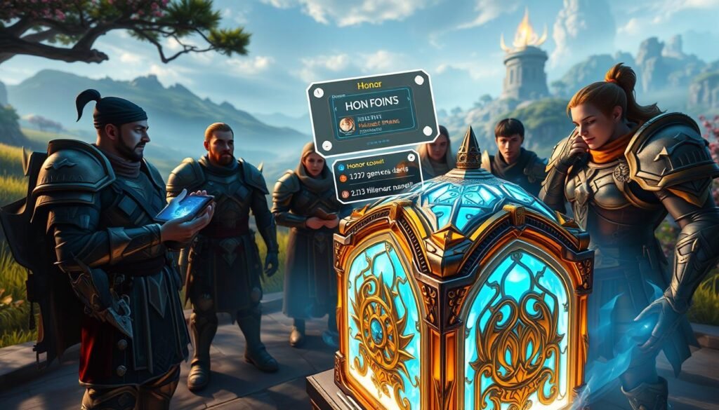 A visually striking depiction of an "honor account" system in an MMO game setting. In the foreground, an intricately designed, glowing honor bank glimmers with vibrant blue and gold hues. Surrounding it, a diverse group of armored players, depicted in professional gaming attire, strategizes over their next moves, their expressions focused and determined. In the middle ground, a digital interface showcasing player stats and honor points hovers, projected from a futuristic device held by one player. The background is a stylized game environment with lush landscapes and glowing mystical elements, bathed in soft, ethereal lighting, creating an optimistic, adventurous atmosphere. A wide-angle lens captures the scene, emphasizing the camaraderie and excitement inherent in the gameplay, celebrating teamwork and resilience in the face of permadeath mechanics.