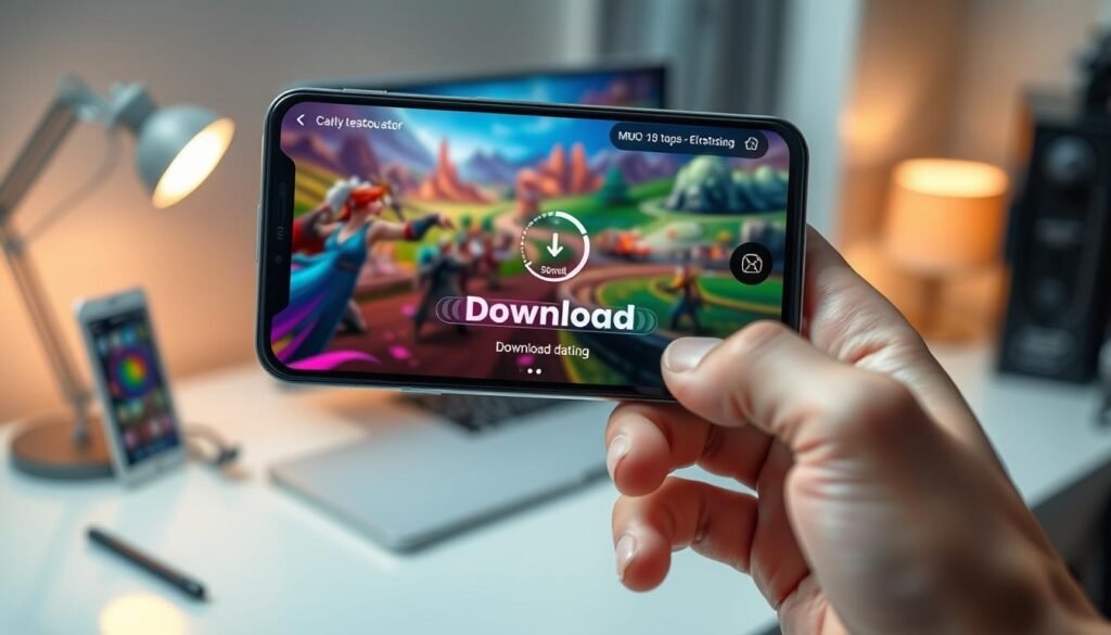 A visually striking representation of the concept of "download" for a mobile game, featuring a sleek smartphone held in a hand, showcasing the Eterspire app interface on the screen with vivid colors and engaging graphics. The foreground focuses on the phone, highlighting the downloading progress bar with dynamic animations indicating speed and efficiency. In the middle ground, blurred gaming elements like characters and landscapes hint at the MMO experience. The background includes a softly lit, modern workspace with a stylish desk and ambient lighting to convey a productive atmosphere. Use a shallow depth of field to emphasize the phone while the background remains slightly out of focus, creating a sense of immersion and excitement around the downloading process.
