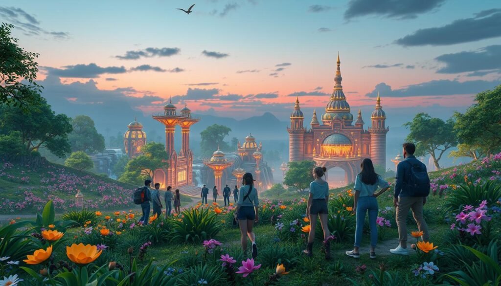 A visually stunning depiction of "Relief 2.0" in a perfect mobile world, featuring a lush, vibrant landscape filled with lush greenery and colorful flora. In the foreground, a diverse group of characters dressed in casual yet stylish fantasy attire, demonstrate the automation features in action, engaging effortlessly with the environment. The middle ground includes enchanting structures resembling a blend of futuristic technology and classic MMORPG design, illuminated by soft, ambient lighting. In the background, a tranquil sky transitions from dusk to twilight, casting warm hues over the scene, creating a serene and inviting atmosphere. The image should evoke a sense of comfort and ease in gameplay, with a focus on automated interactions and player experience, captured with a slightly tilted angle for a dynamic perspective.