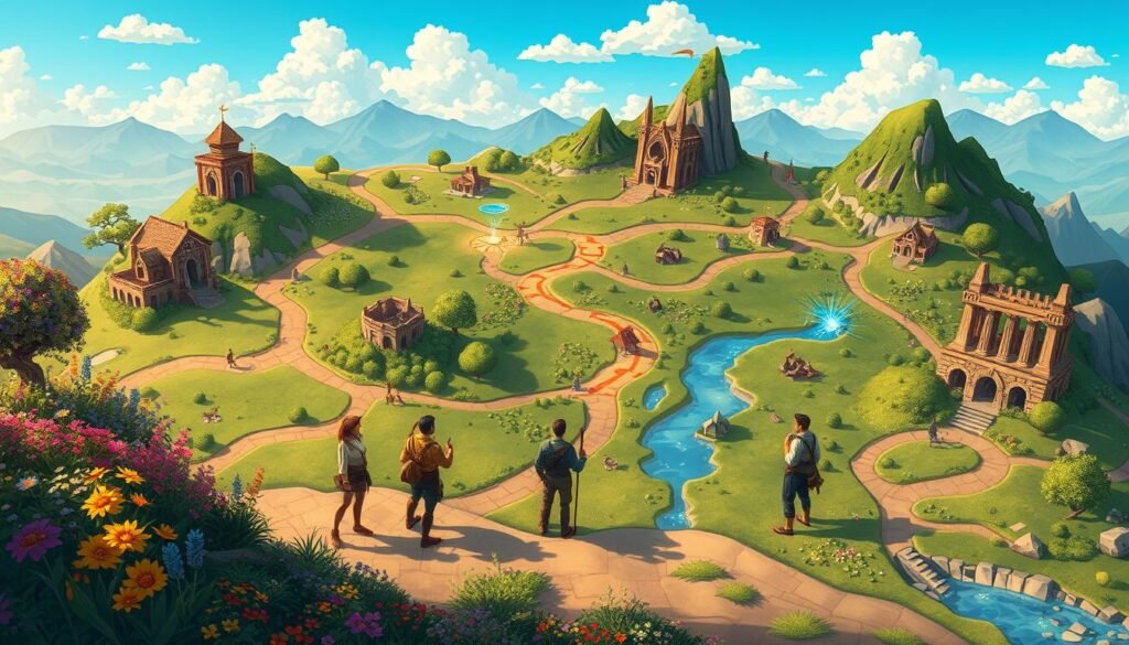 A vivid and detailed illustration of a "serbule mapa," showcasing a vibrant, stylized fantasy landscape. In the foreground, depict lush greenery, colorful flowers, and winding paths leading to various portals and safe zones for new players. In the middle ground, illustrate a diverse group of adventurers in modest casual clothing, examining the map and discussing routes. Include distinctive landmarks such as ancient ruins, glowing portals, and friendly NPCs guiding players, each with unique features and elements. The background should present distant mountains and a bright, light-blue sky with scattered clouds, creating an inviting atmosphere. The scene is bathed in warm, soft lighting, highlighting the sense of adventure and exploration. The angle should be slightly elevated to capture the expanse of the map and surroundings effectively.
