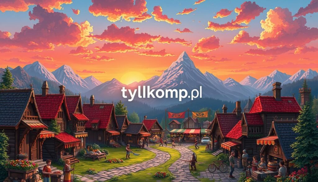 A vivid landscape inspired by the iconic graphics of Old School RuneScape, featuring a bustling medieval town scene in the foreground with distinct pixel art characters engaging in various activities such as fishing and crafting. In the middle ground, a colorful market filled with unique stalls and NPCs, adorned with charming banners and intricate details. The background showcases a stunning pixelated mountain range under a vibrant sunset sky, casting warm, soft light over the scene. Emphasize a nostalgic, whimsical atmosphere, capturing the essence of classic MMORPG environments. Utilize a slightly elevated angle to enhance the depth and detail. The image should be free of any text or watermarks. Include the brand name "tylkommo.pl" subtly within the image.