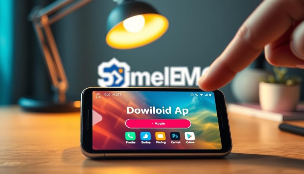 A well-designed smartphone showing the "Download App" interface prominently on the screen, with a finger poised above the display, ready to tap. The foreground features a clear view of the smartphone with realistic details, including a vibrant screen displaying colorful icons and a user-friendly layout. In the middle ground, there’s a stylized representation of the SimpleMMO game logo subtly integrated into the background, hinting at the app’s gaming nature. The background should be a soft, blurred workstation setting with a warm lamp casting gentle spotlight-like lighting. The atmosphere is inviting and modern, conveying a sense of excitement about downloading a new app. Use a shallow depth of field to emphasize the smartphone, creating a welcoming and engaging mood.