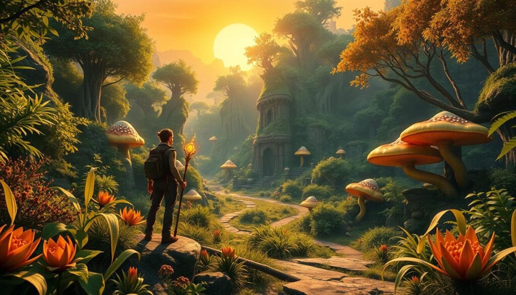 An enchanting fantasy landscape inspired by the game Tibia, depicting an adventurer standing at the edge of a lush, vibrant forest, rich with exaggerated flora and foliage in vivid greens and yellows, hinting at the thriving monsters and treasures hidden within. In the foreground, the adventurer, dressed in simple yet practical attire, gazes eagerly into the depths of the forest, holding a glowing magical staff, symbolizing readiness for quick experience growth. The middle ground reveals various fantasy creatures lurking among large, colorful mushrooms and ancient ruins, suggesting the potential for swift leveling up. In the background, a bright, warm sunset bathes the scene in golden light, evoking a sense of adventure and endless possibilities. The image should have a dynamic, inviting atmosphere, enticing viewers to explore.