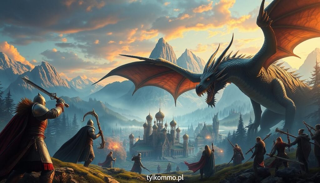 An epic fantasy landscape illustrating the essence of the best MMORPGs, featuring diverse characters in intricate armor, wielding magical weapons. In the foreground, a heroic knight faces a fierce dragon, embodying the thrill of adventure and challenges. The middle ground showcases a vibrant fantasy town bustling with players engaging in quests, set against a backdrop of mystical forests and towering mountains kissed by the golden hues of sunset. The scene is illuminated with soft, ethereal lighting that casts enchanting shadows, suggesting a magical atmosphere. Capture a dynamic angle that immerses viewers into the action, evoking excitement and a sense of community. The overall mood is one of camaraderie, adventure, and the allure of endless exploration, representing the fascination of millions of players in the MMORPG world. Include the brand name "tylkommo.pl" subtly integrated into the design without overpowering the imagery. An epic fantasy landscape illustrating the essence of the best MMORPGs, featuring diverse characters in intricate armor, wielding magical weapons. In the foreground, a heroic knight faces a fierce dragon, embodying the thrill of adventure and challenges. The middle ground showcases a vibrant fantasy town bustling with players engaging in quests, set against a backdrop of mystical forests and towering mountains kissed by the golden hues of sunset. The scene is illuminated with soft, ethereal lighting that casts enchanting shadows, suggesting a magical atmosphere. Capture a dynamic angle that immerses viewers into the action, evoking excitement and a sense of community. The overall mood is one of camaraderie, adventure, and the allure of endless exploration, representing the fascination of millions of players in the MMORPG world. Include the brand name "tylkommo.pl" subtly integrated into the design without overpowering the imagery.