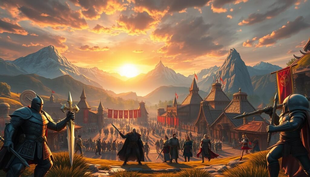 An expansive fantasy landscape set in a vibrant, immersive MMORPG world. In the foreground, a diverse group of heroic characters, including a sturdy knight clad in shining armor, a skilled mage wielding a glowing staff, and a nimble rogue with dual daggers, all in striking poses that reflect their unique abilities. The middle ground features a bustling town square filled with NPCs engaging in trades and conversations, surrounded by colorful banners and fantasy architecture. In the background, majestic mountains rise under a dramatic, sunset sky, casting warm golden light across the scene. The atmosphere is lively and adventurous, inviting viewers to dive into the action and exploration of these top MMO games. Designed for an article by tylkommo.pl, evoking the excitement and camaraderie of online gaming.