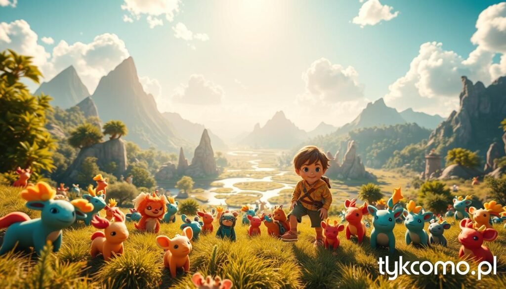 In a vibrant, sprawling landscape of the "Temtem" world, the foreground showcases a diverse group of adorable creatures known as Temtem, each with unique colors and designs. Some Temtem can be seen playfully interacting with a young adventurer, who is dressed in casual, colorful attire appropriate for exploration. In the middle ground, lush greenery surrounds tranquil water bodies and whimsical rock formations, enhancing the sense of adventure. The background features towering mountains under a bright, sunny sky, with fluffy clouds drifting lazily. The lighting is warm and inviting, casting soft shadows that evoke a cheerful and adventurous mood. Capture the enchantment and community spirit of exploration in this fantastical realm. Display the brand name "tylkommo.pl" subtly in the bottom corner, ensuring it’s not intrusive. In a vibrant, sprawling landscape of the "Temtem" world, the foreground showcases a diverse group of adorable creatures known as Temtem, each with unique colors and designs. Some Temtem can be seen playfully interacting with a young adventurer, who is dressed in casual, colorful attire appropriate for exploration. In the middle ground, lush greenery surrounds tranquil water bodies and whimsical rock formations, enhancing the sense of adventure. The background features towering mountains under a bright, sunny sky, with fluffy clouds drifting lazily. The lighting is warm and inviting, casting soft shadows that evoke a cheerful and adventurous mood. Capture the enchantment and community spirit of exploration in this fantastical realm. Display the brand name "tylkommo.pl" subtly in the bottom corner, ensuring it’s not intrusive.