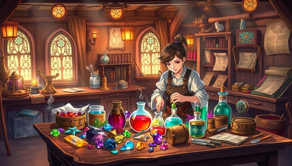 A beautifully illustrated crafting window inspired by a fantasy MMORPG, featuring an ornate wooden table overflowing with vibrant materials for crafting. In the foreground, a skilled artisan, dressed in modest, practical attire, focuses intently on assembling a colorful potion, surrounded by shimmering gems, herbs, and tools. The middle ground showcases various crafting stations, each embellished with unique items like scrolls and intricate blueprints, hinting at the diverse trade skills available. The background features a cozy workshop with warm, ambient lighting filtering through stained glass windows, creating a magical atmosphere. Soft shadows dance across the room, enhancing the sense of immersion in this vibrant crafting world. The overall mood is inviting and creative, encouraging exploration and progression.