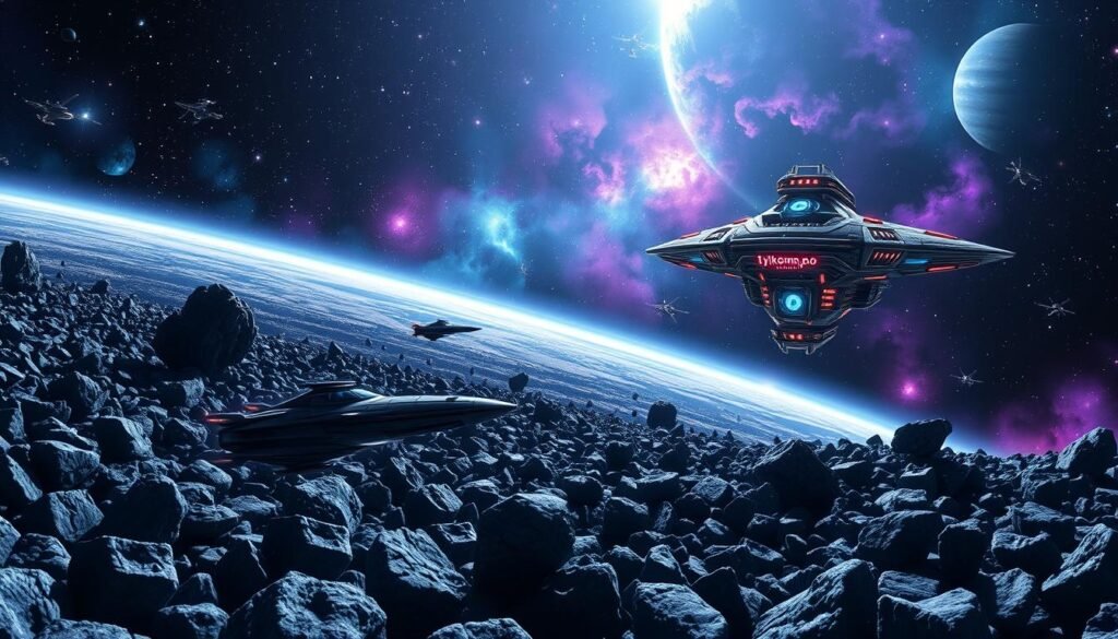 A breathtaking cosmic scene inspired by EVE Online, showcasing a vibrant space environment. In the foreground, a sleek spaceship is navigating through a field of colorful asteroid belts, reflecting shades of blue, purple, and silver. The middle ground features a bustling space station with softly glowing lights and intricate docking bays, surrounded by smaller spacecraft maneuvering gracefully. In the background, a vast expanse of stars twinkle against the deep black of space, with nebulae casting ethereal hues across the scene. The lighting is dramatic, with soft glows from the spaceships and station contrasting the darkness of the cosmos, creating an adventurous and immersive atmosphere. Capture the sense of exploration and the thrill of cosmic adventures. Include the branding "tylkommo.pl" subtly integrated into the space station design.