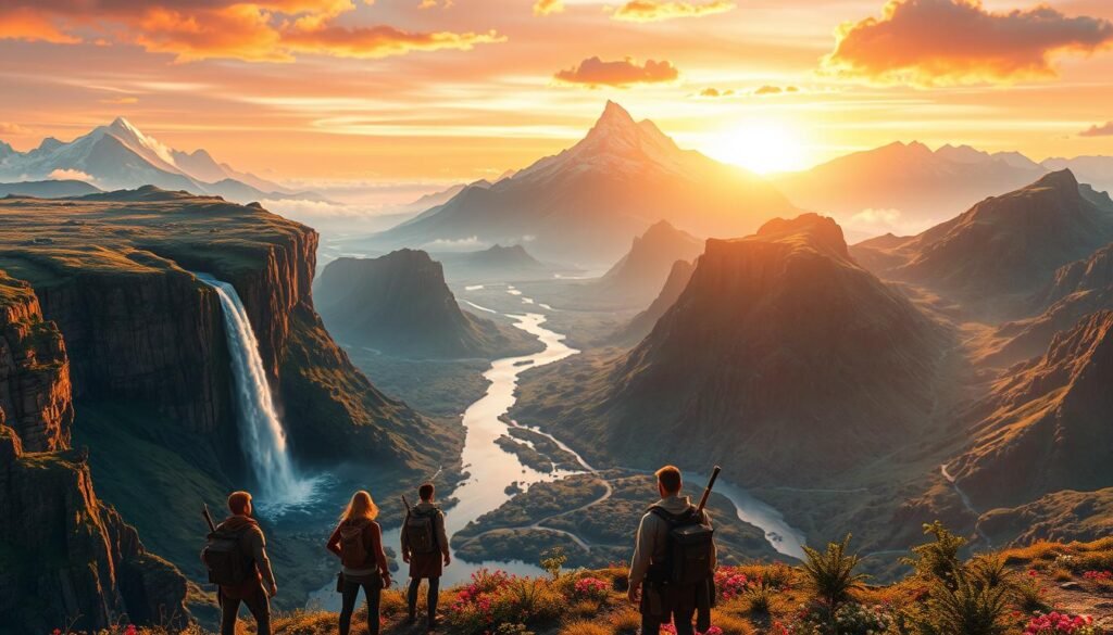 A breathtaking digital landscape depicting the vast expanse of virtual realms. In the foreground, a group of adventurers in modest attire, gazing in awe at a colossal, shimmering waterfall cascading down emerald cliffs. The middle ground features meandering rivers and colorful flora, enhancing the sense of discovery. In the background, majestic mountains touch the clouds under a vivid sunset sky, casting warm golden light across the scene. A sense of wonder and excitement permeates the atmosphere, inviting exploration. Use a wide-angle lens to capture the expansive scenery, ensuring soft focus on the distant peaks. This image embodies the essence of exploring virtual worlds, themed for tylkommo.pl.