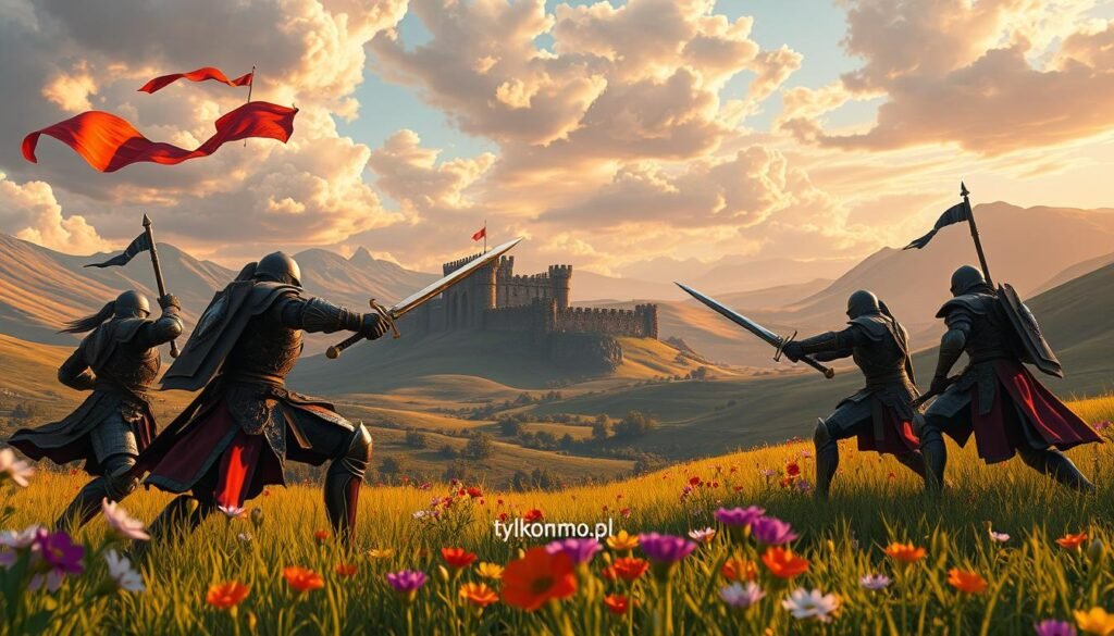 A breathtaking fantasy landscape depicting an expansive open-world environment where two factions are engaged in a dynamic territory battle. In the foreground, armored warriors sporting vibrant, detailed gear clash swords amid a lush, vibrant meadow, highlighted by the vivid colors of spring flowers. The middle ground showcases a rugged castle, partially under siege, with banners flying high above, symbolizing the warring factions. In the background, rolling hills and a dramatic sky filled with swirling clouds create a tense atmosphere, enhanced by golden hour lighting that casts dynamic shadows. The scene conveys a sense of urgency and competition, reflecting the intensity of PvP gameplay. This illustration is meant to resonate with fans of MMO games. Include the brand name "tylkommo.pl" subtly in the landscape design.