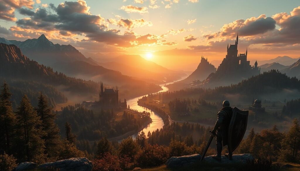 A breathtaking fantasy landscape inspired by "Elder Scrolls Online," showcasing a vast, immersive world filled with lush forests, ancient ruins, and majestic mountains. In the foreground, a brave, adventurer dressed in armor stands poised with a sword and shield, gazing across the horizon. The middle layer features a winding river winding through verdant hills and scattered stone structures, evoking a sense of exploration and discovery. In the background, towering citadels and misty peaks rise under a dramatic sunset sky, casting warm golden light across the scene. The atmosphere is both serene and adventurous, inviting newcomers to delve into the rich lore and vast possibilities of this classic MMORPG. Capture this enchanting view, highlighting the sense of adventure and exploration. (tylkommo.pl) A breathtaking fantasy landscape inspired by "Elder Scrolls Online," showcasing a vast, immersive world filled with lush forests, ancient ruins, and majestic mountains. In the foreground, a brave, adventurer dressed in armor stands poised with a sword and shield, gazing across the horizon. The middle layer features a winding river winding through verdant hills and scattered stone structures, evoking a sense of exploration and discovery. In the background, towering citadels and misty peaks rise under a dramatic sunset sky, casting warm golden light across the scene. The atmosphere is both serene and adventurous, inviting newcomers to delve into the rich lore and vast possibilities of this classic MMORPG. Capture this enchanting view, highlighting the sense of adventure and exploration. (tylkommo.pl)