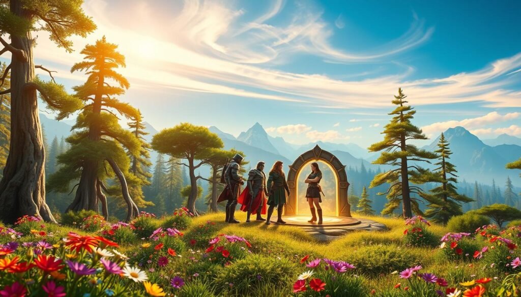 A breathtaking fantasy landscape inspired by "World of Warcraft," featuring a vibrant and lush forest filled with towering, ancient trees and colorful wildflowers in the foreground. In the middle ground, a diverse group of adventurers in professional attire gather around a glowing mystical portal, discussing strategy. The characters represent various classes: a noble knight, a cunning rogue, and a wise mage, each adorned with detailed armor and weapons. The background showcases distant mountains under a bright blue sky, with wispy clouds illuminated by warm, golden sunlight. The scene conveys a sense of camaraderie and adventure, inviting newcomers into the enchanting world of MMORPGs. Ideal for illustrating the article on beginner-friendly MMORPGs at tylkommo.pl. A breathtaking fantasy landscape inspired by "World of Warcraft," featuring a vibrant and lush forest filled with towering, ancient trees and colorful wildflowers in the foreground. In the middle ground, a diverse group of adventurers in professional attire gather around a glowing mystical portal, discussing strategy. The characters represent various classes: a noble knight, a cunning rogue, and a wise mage, each adorned with detailed armor and weapons. The background showcases distant mountains under a bright blue sky, with wispy clouds illuminated by warm, golden sunlight. The scene conveys a sense of camaraderie and adventure, inviting newcomers into the enchanting world of MMORPGs. Ideal for illustrating the article on beginner-friendly MMORPGs at tylkommo.pl.
