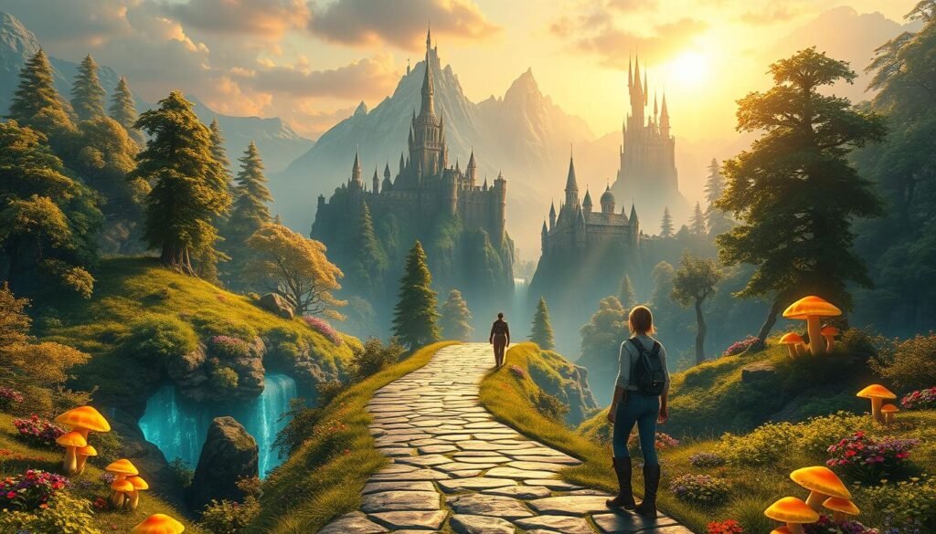 A breathtaking fantasy landscape of an immersive MMO world, showcasing a lush, vibrant forest filled with towering trees and sparkling streams. In the foreground, an intricately designed stone pathway leads the viewer deeper into this enchanting realm, adorned with glowing mushrooms and colorful flowers. The middle ground features majestic castles perched on cliffs, surrounded by misty mountains that rise under a shimmering twilight sky. Soft, ethereal lighting bathes the scene, casting golden hues and creating a dreamlike atmosphere. A few adventurers in modest casual clothing explore the environment, gazing in awe at their surroundings, emphasizing the scale and detail of this captivating world. Capture the essence of wonder and excitement, reflecting the theme of worlds that impress with their details and ambiance, as featured on tylkommo.pl.