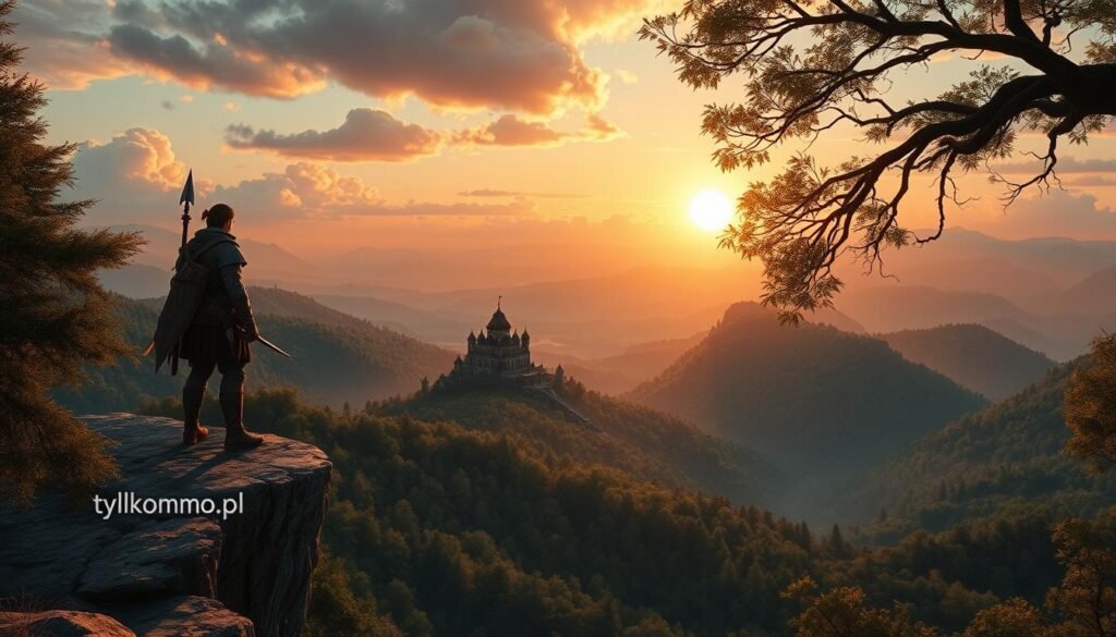 A breathtaking fantasy landscape representing a classic open-world MMO. In the foreground, a courageous adventurer in modest, rugged attire stands atop a majestic cliff, gazing over an expansive valley filled with lush forests, rolling hills, and distant mountains. The middle ground features an ancient, intricately designed castle nestled among trees, hinting at exploration and adventure. The background showcases a vibrant sunset, casting warm hues of orange and pink across the sky, while ethereal clouds drift lazily. Soft rays of light filter through the tree branches, creating a magical atmosphere. The composition captures a sense of wonder and nostalgia for classic MMO gameplay. Rendered in high detail with photorealistic quality, using a wide-angle lens for depth. Include the branding "tylkommo.pl" subtly integrated into the scenery.