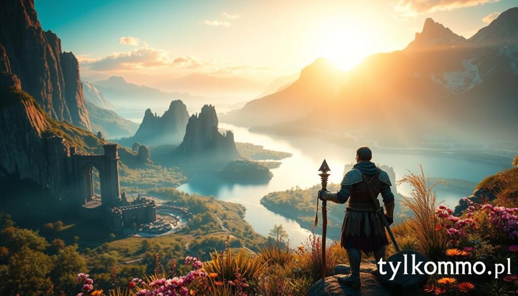 A breathtaking fantasy scene inspired by Elder Scrolls Online, highlighting a lone adventurer exploring a vast, mystical landscape. In the foreground, a heroic character in bright, ornate armor gazes at an ancient ruin, holding a glowing staff, surrounded by lush vegetation and vibrant flowers. The middle ground features towering cliffs and a serene river reflecting the azure sky. In the background, majestic mountains rise under a golden sunset, casting a warm glow over the scene. Soft, ethereal lighting creates a magical atmosphere, while the depth of field effect draws attention to the adventurer. The image should evoke a sense of exploration and solitude, embodying the essence of solo gameplay in the MMO genre, with a subtle logo of "tylkommo.pl" integrated into the corner. A breathtaking fantasy scene inspired by Elder Scrolls Online, highlighting a lone adventurer exploring a vast, mystical landscape. In the foreground, a heroic character in bright, ornate armor gazes at an ancient ruin, holding a glowing staff, surrounded by lush vegetation and vibrant flowers. The middle ground features towering cliffs and a serene river reflecting the azure sky. In the background, majestic mountains rise under a golden sunset, casting a warm glow over the scene. Soft, ethereal lighting creates a magical atmosphere, while the depth of field effect draws attention to the adventurer. The image should evoke a sense of exploration and solitude, embodying the essence of solo gameplay in the MMO genre, with a subtle logo of "tylkommo.pl" integrated into the corner.