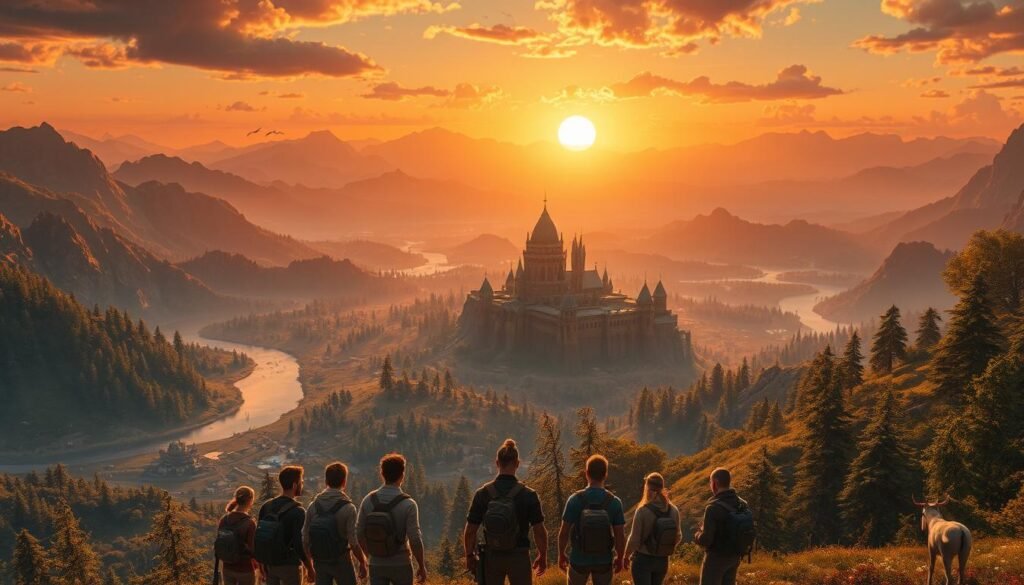 A breathtaking open-world fantasy landscape teeming with life and exploration opportunities. In the foreground, a diverse group of adventurers, dressed in modest casual clothing, stand together, gazing across a vast horizon filled with lush forests, towering mountains, and winding rivers. In the middle ground, an ancient castle looms majestically, hinting at undiscovered secrets, while various wildlife can be seen roaming the land, creating an immersive sense of adventure. The background captures a vibrant sunset, casting golden hues across the scenery, while soft, warm lighting enhances the atmosphere, inviting viewers to imagine their own epic journey. The overall mood is one of wonder and excitement for exploration, perfectly encapsulating the essence of open-world gaming. Tylkommo.pl.