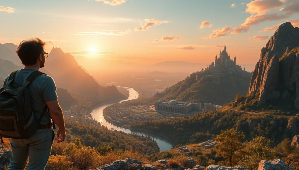 A breathtaking open-world landscape, showcasing vast and diverse environments that invite exploration. In the foreground, a traveler in modest casual clothing is gazing at the panoramic view, surrounded by lush greenery and towering mountains. The middle ground features a winding river and ancient ruins, hinting at rich history and adventure. In the background, a sprawling fantasy city can be seen atop a distant hill, with gleaming towers reflecting the sun's warm glow. The sky is painted with hues of orange and pink, reminiscent of a sunrise, creating an inviting atmosphere. Soft, natural lighting enhances the vibrant colors, while a wide-angle perspective captures the expansive depth of the scene. Inspired by the essence of "tylkommo.pl," this image embodies the thrill of exploration in the best open-world MMO games on PC.