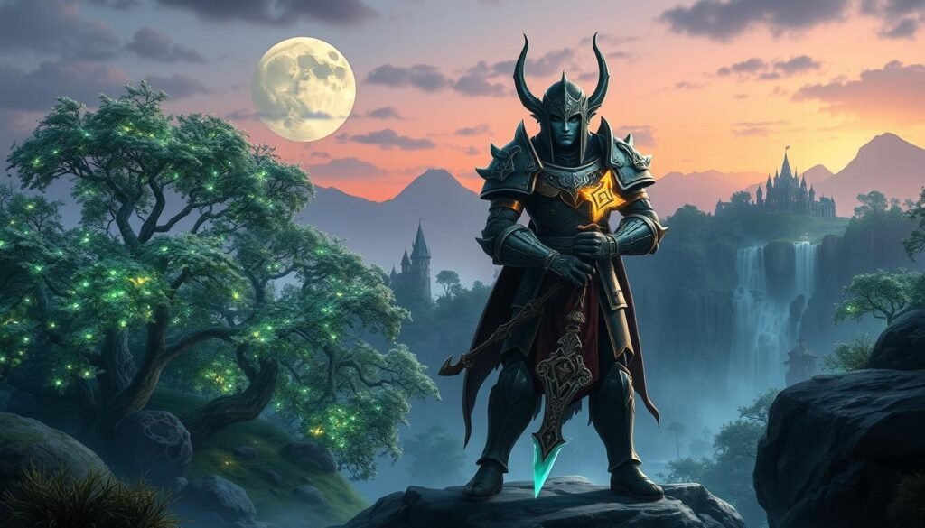 A breathtaking scene from a classic World of Warcraft landscape, showcasing a majestic fantasy realm. In the foreground, a heroic night elf warrior clad in ornate armor stands confidently, wielding a glowing staff, with intricate details on the armor and a dynamic pose. In the middle ground, enchanting trees with bioluminescent leaves and a magical waterfall shimmer in the moonlight, creating a captivating atmosphere. The background features a distant castle atop a lush green hill, bathed in soft twilight colors. Use soft, ethereal lighting to enhance the mystical vibe. The image should evoke nostalgia and admiration, illustrating the enduring charm of this legendary MMO. Capture the essence of timeless adventure, ensuring no captions or watermarks appear. For branding, subtly include the text "tylkommo.pl" within the design elements.