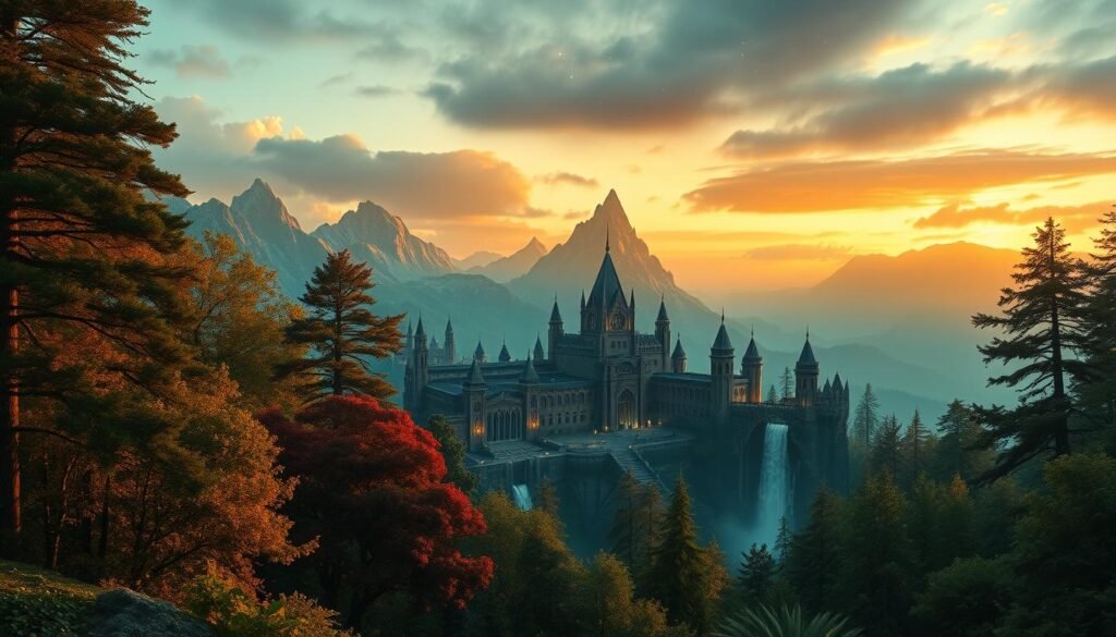A breathtaking scene from the Lord of the Rings universe, showcasing a lush, enchanted forest filled with ancient trees and vibrant foliage in the foreground. In the middle ground, a majestic elven city glistens, with elegant architecture and shimmering waterfalls cascading through its structures, reflecting the soft glow of twilight. In the background, towering mountains rise against a dramatic sky, with faint stars beginning to emerge. The atmosphere is magical and serene, evoking a sense of adventure and nostalgia. The lighting is warm and ethereal, casting gentle shadows and creating an inviting ambiance. Capture the essence of "The Lord of the Rings Online," with a focus on the enchanting world that players cherish for years. This image is for an article by tylkommo.pl.
