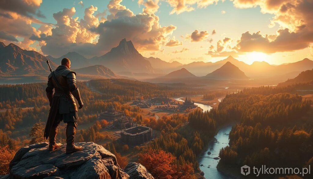 A breathtaking scene inspired by "The Elder Scrolls Online," showcasing an expansive open world filled with mystical landscapes. In the foreground, a heroic character clad in detailed medieval armor stands confidently on a rocky ledge, gazing out over a vast valley. The middle ground features lush forests, ancient ruins, and a winding river, all bathed in warm, golden sunlight. In the background, majestic mountains tower against a vibrant sky with clouds painted in hues of orange and pink, hinting at the sunset. The atmosphere evokes a sense of adventure and exploration, enticing players to embark on new quests. The composition should be captured with a wide-angle lens, emphasizing the grandeur of the world. Include the logo "tylkommo.pl" subtly featured in the corner without disrupting the image flow. A breathtaking scene inspired by "The Elder Scrolls Online," showcasing an expansive open world filled with mystical landscapes. In the foreground, a heroic character clad in detailed medieval armor stands confidently on a rocky ledge, gazing out over a vast valley. The middle ground features lush forests, ancient ruins, and a winding river, all bathed in warm, golden sunlight. In the background, majestic mountains tower against a vibrant sky with clouds painted in hues of orange and pink, hinting at the sunset. The atmosphere evokes a sense of adventure and exploration, enticing players to embark on new quests. The composition should be captured with a wide-angle lens, emphasizing the grandeur of the world. Include the logo "tylkommo.pl" subtly featured in the corner without disrupting the image flow.