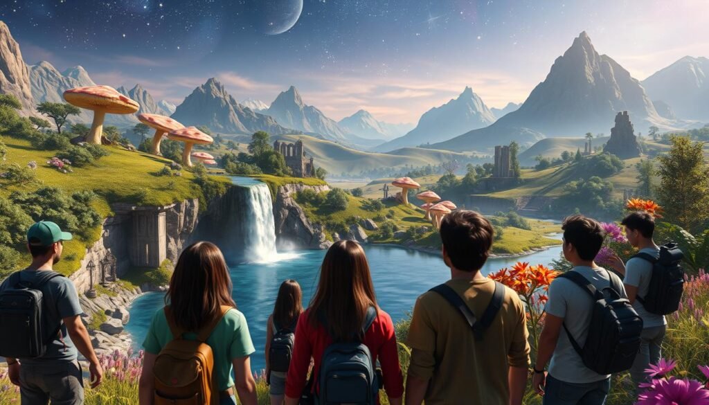 A breathtaking scene showcasing a vibrant virtual landscape rich in detail, embodying the essence of modern exploration in open-world MMO games. In the foreground, a diverse group of players, dressed in casual attire, gaze in awe at a magnificent waterfall cascading into a crystal-clear lake surrounded by lush, fantastical flora. The middle ground features rolling hills dotted with colorful, oversized mushrooms and ancient ruins, enticing further discovery. The background reveals towering mountains under a twilight sky, with stars beginning to sparkle. Soft, ethereal lighting bathes the scene in a magical glow, evoking a sense of wonder and adventure. Capture the atmosphere of exploration and camaraderie among gamers in this stunning environment, emphasizing the thrilling possibilities within virtual realms. This image is designed for the brand tylkommo.pl.