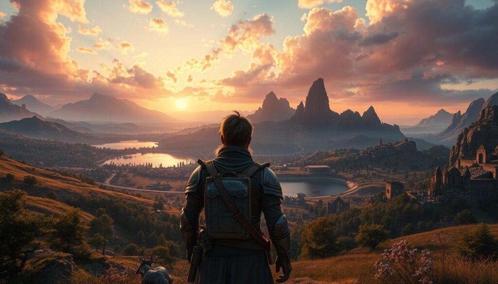 A breathtaking scene showcasing the essence of an open-world MMO game, featuring a lush and vibrant fantasy landscape. In the foreground, a well-equipped adventurer in modest but detailed armor gazes across a sprawling valley filled with diverse terrains: rolling hills, dense forests, and a shimmering lake reflecting the sky. In the middle ground, mythical creatures roam amid ancient ruins, hinting at stories waiting to be discovered. The background is dominated by towering mountains and an expansive, colorful sky at sunset, casting warm, golden light over the scene. The atmosphere is filled with a sense of adventure and exploration. Captured from a low angle to emphasize the grandeur of the environment, evoking a feeling of immersion in this captivating virtual world. Ideal for illustrating the phenomenon of MMO games. This image is created for tylkommo.pl.