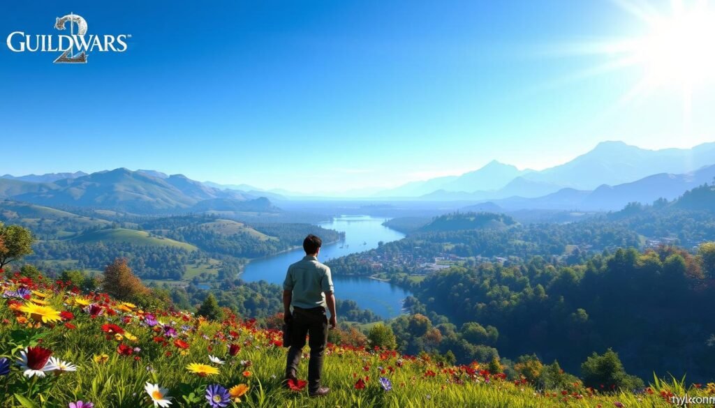 A breathtaking scenic view from the vibrant world of Guild Wars 2, showcasing a lush landscape filled with rolling hills, expansive forests, and distant mountains. In the foreground, a variety of colorful flora flourishes, while a character in modest casual attire stands admiring the scenery, embodying the spirit of solo exploration. The middle ground features a gently flowing river reflecting the clear blue sky, with the character's glimpse of a bustling village on the banks, hinting at interactions with NPCs. In the background, majestic mountains peak under a bright sun, casting warm rays of light across the landscape. The atmosphere conveys a sense of freedom, adventure, and tranquility, perfect for highlighting the joy of exploring a vast virtual world. Include a subtle logo of "tylkommo.pl" integrated into the scene's natural elements for branding. A breathtaking scenic view from the vibrant world of Guild Wars 2, showcasing a lush landscape filled with rolling hills, expansive forests, and distant mountains. In the foreground, a variety of colorful flora flourishes, while a character in modest casual attire stands admiring the scenery, embodying the spirit of solo exploration. The middle ground features a gently flowing river reflecting the clear blue sky, with the character's glimpse of a bustling village on the banks, hinting at interactions with NPCs. In the background, majestic mountains peak under a bright sun, casting warm rays of light across the landscape. The atmosphere conveys a sense of freedom, adventure, and tranquility, perfect for highlighting the joy of exploring a vast virtual world. Include a subtle logo of "tylkommo.pl" integrated into the scene's natural elements for branding.