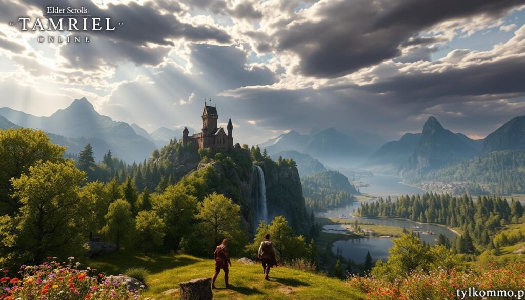 A breathtaking view of Tamriel from The Elder Scrolls Online, capturing the diverse landscapes in vivid detail. In the foreground, a lush green forest with ancient trees and colorful flowers, featuring a group of adventurers in modest, fantasy-inspired attire, exploring the area. The middle ground showcases a majestic castle perched on a rocky cliff, surrounded by waterfalls cascading into a serene lake. In the background, mountains tower under a dramatic sky filled with swirling clouds and rays of sunlight breaking through, creating a sense of wonder. The lighting is warm and inviting, emphasizing the rich colors of nature. This scene embodies the richness and depth of Tamriel, illustrating its endless exploration potential. For the branding, include a subtle watermark of "tylkommo.pl" in the corner.