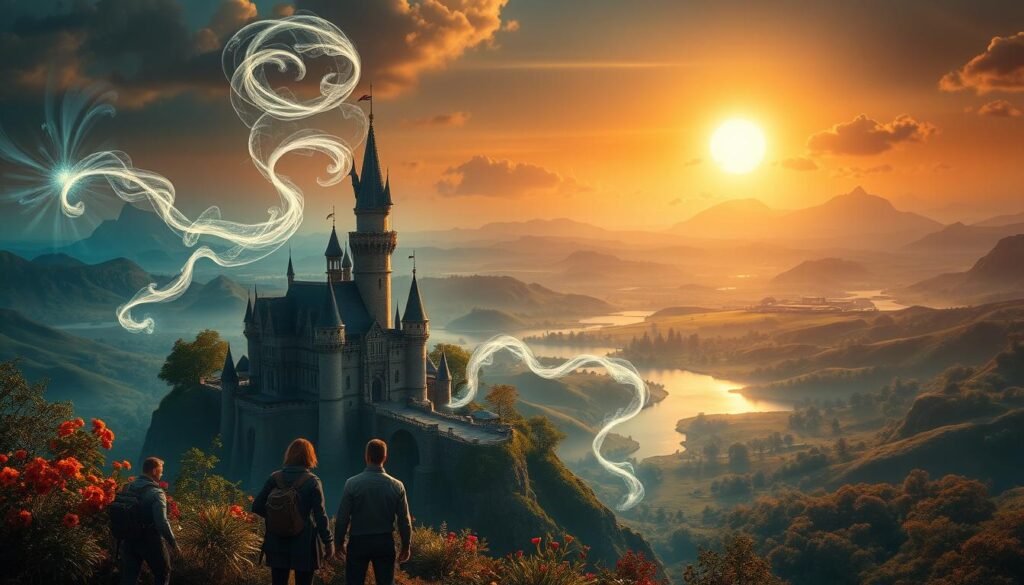 A breathtaking visual masterpiece depicting enchanting MMO worlds, showcasing lush, vibrant landscapes filled with fantastical flora and fauna. In the foreground, a majestic medieval castle rises amid swirling magical energies, while a group of adventurers in professional attire observes in awe. The middle ground features rolling hills and shimmering lakes, reflecting the warm, golden sunlight of a sunset. In the background, distant mountains crowned with ethereal clouds hint at adventure beyond. Atmospheric lighting creates a dreamlike quality, with soft shadows enhancing the magical ambiance. This scene embodies the ultimate visual experiences gamers cherish, celebrating the artistry found in PC MMOs. Ideal for "tylkommo.pl".