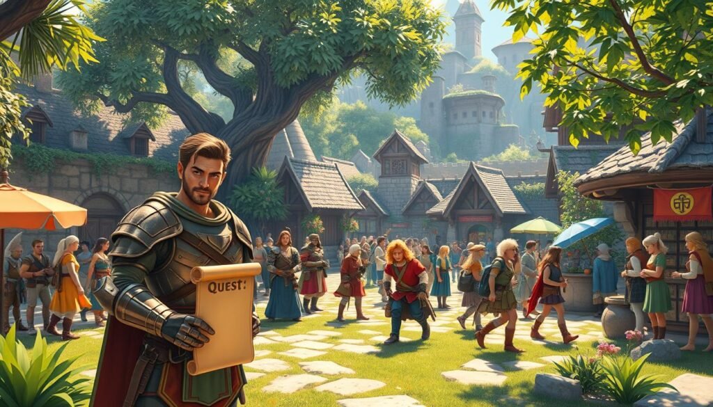A bustling fantasy town scene depicting various adventurers embarking on their quests in a vibrant, old-school game world. In the foreground, a determined hero clad in armor, holding a glowing quest scroll, stands ready for action, flanked by companions in colorful attire. The middle layer features diverse characters engaging with NPCs, trading items, and strategizing. Lush greenery and ancient stone buildings create a rich environment in the background, hinting at expansive landscapes beyond the town. Soft sunlight filters through the trees, casting dappled shadows and creating an inviting atmosphere. The overall mood is one of excitement and adventure, capturing the essence of a quest that promises to elevate players beyond the early game. Use a wide-angle lens to enhance the depth and detail of the scene. A bustling fantasy town scene depicting various adventurers embarking on their quests in a vibrant, old-school game world. In the foreground, a determined hero clad in armor, holding a glowing quest scroll, stands ready for action, flanked by companions in colorful attire. The middle layer features diverse characters engaging with NPCs, trading items, and strategizing. Lush greenery and ancient stone buildings create a rich environment in the background, hinting at expansive landscapes beyond the town. Soft sunlight filters through the trees, casting dappled shadows and creating an inviting atmosphere. The overall mood is one of excitement and adventure, capturing the essence of a quest that promises to elevate players beyond the early game. Use a wide-angle lens to enhance the depth and detail of the scene.