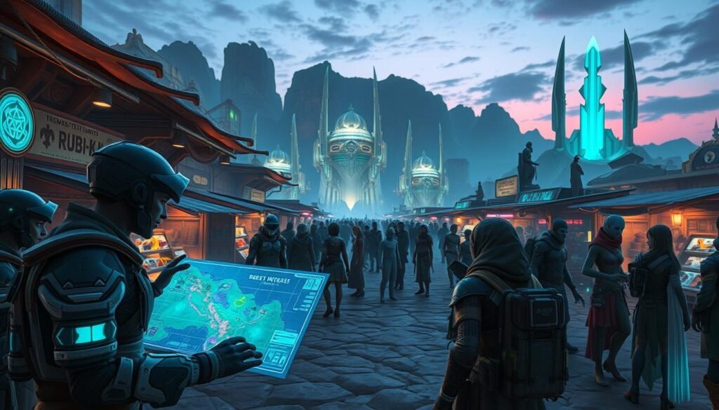 A bustling marketplace on the planet Rubi-Ka, filled with diverse alien characters engaged in various quests. In the foreground, a group of adventurers, clad in futuristic armor and practical gear, study a holographic quest map glowing in vibrant colors. In the middle, vendor stalls feature exotic items and implants, with NPCs interacting with players, showcasing a lively atmosphere. The background reveals luminous alien architecture against a twilight sky, highlighting the intriguing landscapes of Rubi-Ka. The scene is illuminated by soft, ambient light with hints of purple and teal, creating a mystical yet adventurous mood. A wide-angle perspective captures the grandeur of this world, inviting viewers into the questing experience.