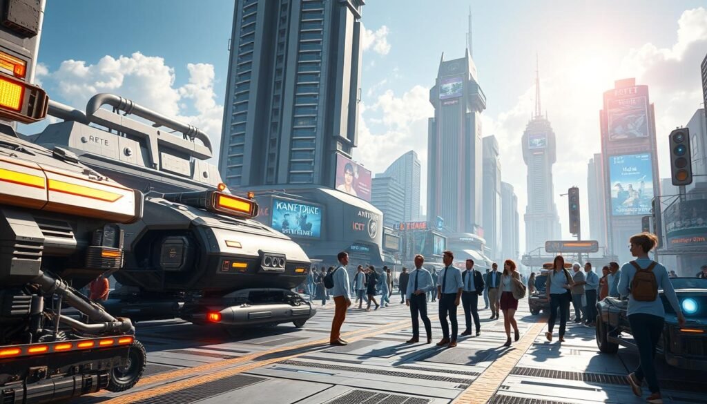 A bustling sci-fi landing zone set in a vibrant, futuristic cityscape, reflecting "Arete Landing" from Anarchy Online. In the foreground, detailed machinery and transport vehicles with glowing neon lights create a sense of high-tech activity. The middle ground features diverse characters dressed in professional and modest casual attire, interacting as they prepare for their journey to ICC HQ. Background elements include towering skyscrapers with holographic advertisements and a clear sky, with soft clouds and bright sunlight streaming through, creating a hopeful atmosphere. Capture the dynamic energy of exploration and adventure, with a slight angle that adds depth to the landscape. Use vibrant colors and high contrast to enhance the mood of an exciting beginning in a digital world.