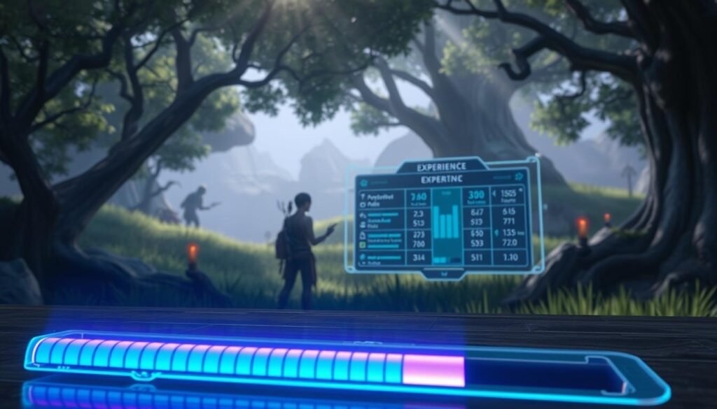 A captivating and informative illustration of "experience" in the context of a gaming environment, focusing on leveling up. In the foreground, a detailed digital representation of a glowing experience bar, partially filled, with vibrant colors like blue and purple, emanating a soft light. In the middle ground, a player character, wearing a simple yet stylish outfit and engaged in gameplay, studying a complex table of experience points and statistics on a holographic screen. The background features a fantasy landscape with lush greenery and mystical elements, hinting at a magical world. Soft, ambient lighting creates a motivational and focused atmosphere, as soft rays of sunlight filter through the trees. Capture this scene from a slightly elevated angle to add depth and clarity.