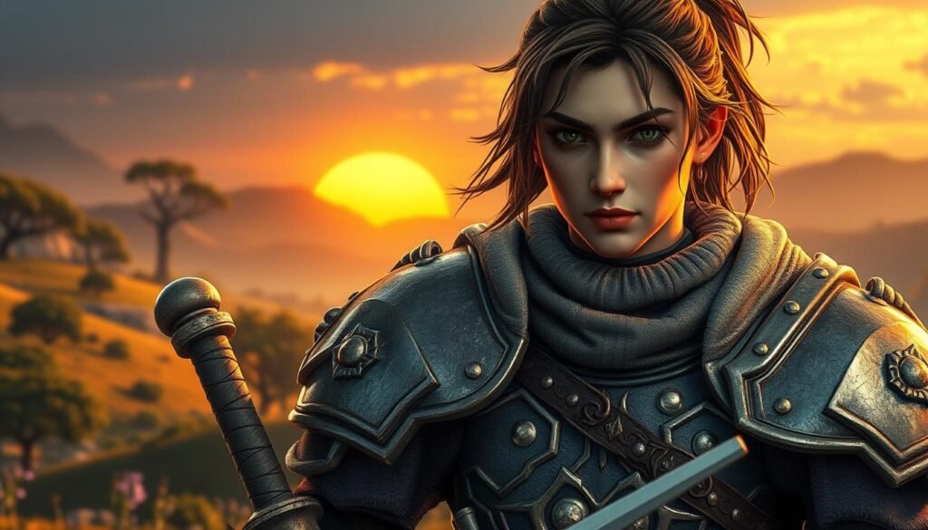 A captivating depiction of a fantasy warrior character equipped with an armor set designed for beginners in the RF Online game. In the foreground, focus on the detailed armor, showcasing its varying textures and materials, from robust metal plates to lighter fabric elements, representing a well-balanced build for early gameplay. The warrior holds a basic damage weapon, like a sword or staff, crafted with simple designs to illustrate the starting equipment. In the middle background, a lush, fantasy landscape typical of RF Online is visible, with rolling hills and mystical trees. The lighting is vibrant, with a golden sunset casting a warm glow, enhancing the character’s features and armor details. The overall mood is adventurous and inspiring, inviting players to envision their own journey in this classic MMO. A captivating depiction of a fantasy warrior character equipped with an armor set designed for beginners in the RF Online game. In the foreground, focus on the detailed armor, showcasing its varying textures and materials, from robust metal plates to lighter fabric elements, representing a well-balanced build for early gameplay. The warrior holds a basic damage weapon, like a sword or staff, crafted with simple designs to illustrate the starting equipment. In the middle background, a lush, fantasy landscape typical of RF Online is visible, with rolling hills and mystical trees. The lighting is vibrant, with a golden sunset casting a warm glow, enhancing the character’s features and armor details. The overall mood is adventurous and inspiring, inviting players to envision their own journey in this classic MMO.