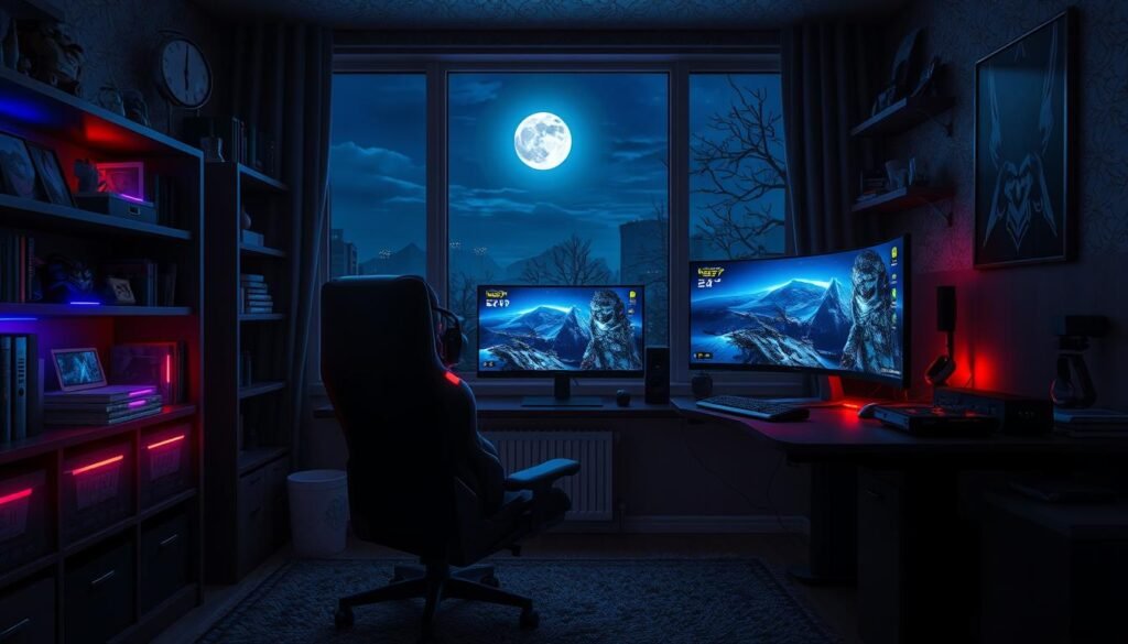 A captivating digital artwork depicting a lone gamer in a cozy, immersive home environment, focused intently on a large gaming monitor displaying an expansive MMO world. In the foreground, a comfortable gaming chair faces the screen, with colorful LED lights subtly illuminating the space. The middle ground features shelves lined with gaming collectibles and a desk featuring a high-tech keyboard and headset, all suggesting a rich solo gaming experience. In the background, a window reveals a serene night view, with a full moon casting soft light into the room, enhancing the intimate atmosphere. The mood is one of solitude and concentration, celebrating the allure of solo gaming within massive online worlds. Tylkommo.pl is subtly integrated into the scene with an inconspicuous gaming poster on the wall.